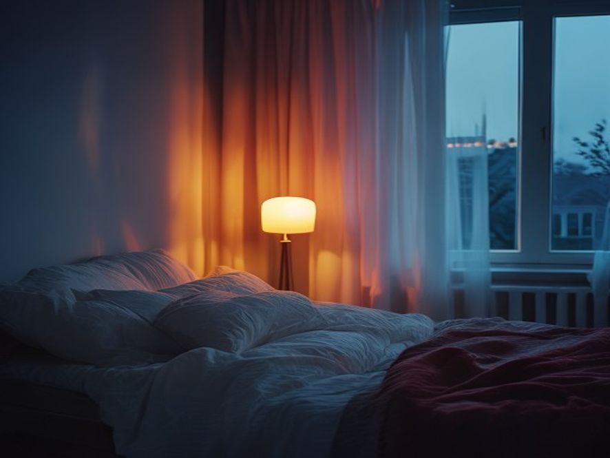 Serene bedroom at dusk with soft warm lighting and minimal decor