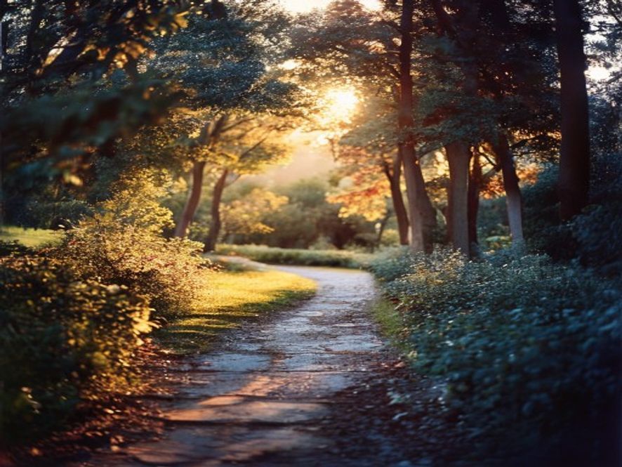 Serene nature scene at sunset with warm golden light filtering through trees and peaceful landscape