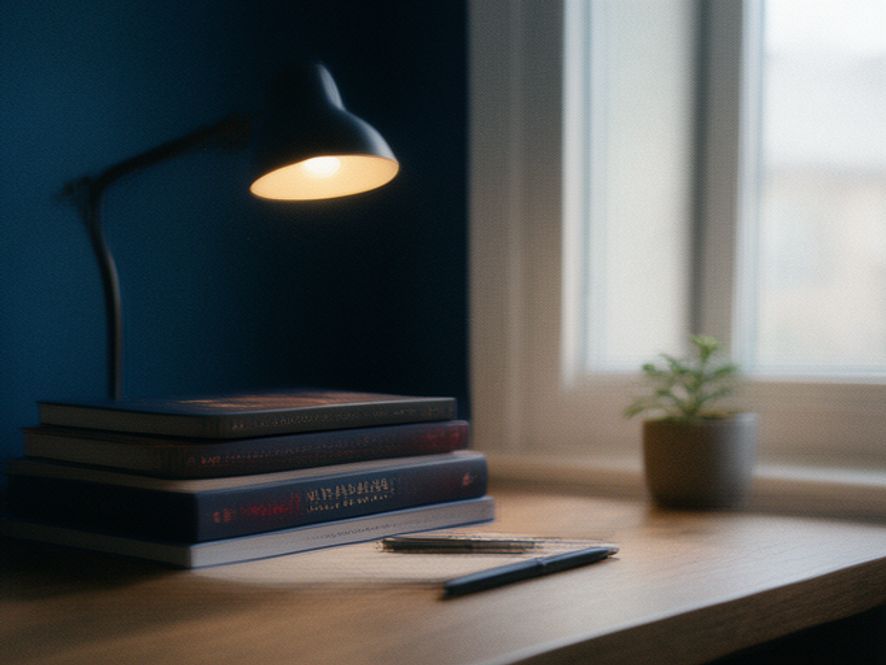 Minimal workspace with sleep research materials and a warm desk lamp on wooden surface